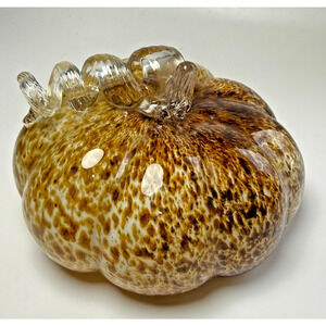 Handblown Glass Pumpkin Figurine Brown Spotted Curly Ribbed Stem Fall Gourd